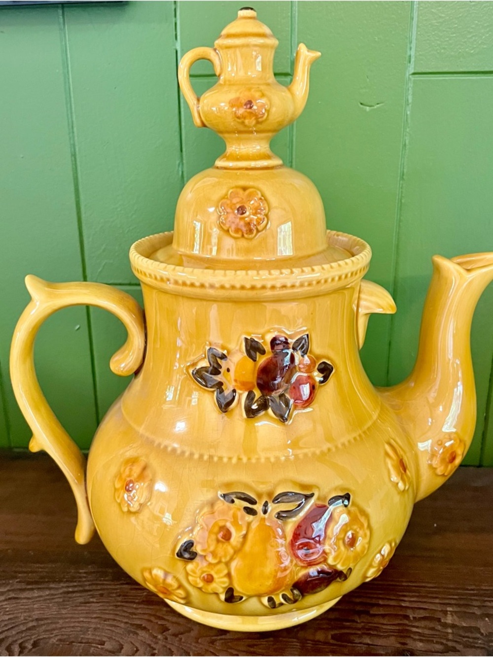 MCM Ceramic Teapot Cookie Jar  Vintage 1960s Los Angeles Potteries Fruit Flowers